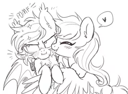 Size: 2828x2092 | Tagged: safe, artist:hawthornss, derpibooru import, oc, oc:paper stars, oc:star shower, unofficial characters only, bat pony, pegasus, pony, blushing, chest fluff, cute, ear fluff, female, lesbian, mare, monochrome, paperbetes, pomf, shipping, simple background, tongue out