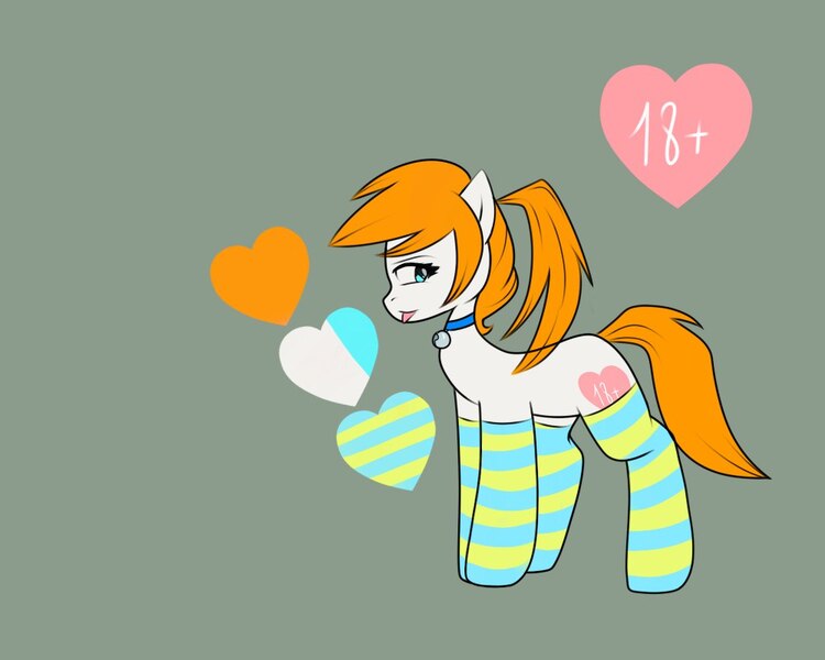 Size: 1000x800 | Tagged: safe, artist:s-day, derpibooru import, oc, oc:ashley kinky, unofficial characters only, bell, bell collar, clothes, collar, female, heart, ponytail, reference sheet, socks, standing, striped socks, tongue out