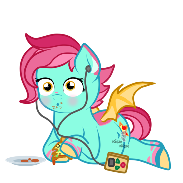 Size: 800x800 | Tagged: safe, artist:jolteongirl, artist:preggyponies-4u, derpibooru import, oc, oc:starwind, unofficial characters only, bat pony, pony, food, headphones, kicking, pizza, pregnant, simple background, solo, transparent background