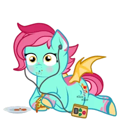 Size: 800x800 | Tagged: safe, artist:jolteongirl, artist:preggyponies-4u, derpibooru import, oc, oc:starwind, unofficial characters only, bat pony, pony, food, headphones, kicking, pizza, pregnant, simple background, solo, transparent background