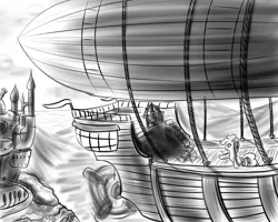 Size: 1200x960 | Tagged: airship, artist:thorheim, canterlot, derpibooru import, monochrome, pinkie pie, safe, solo