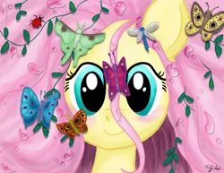 Size: 1024x791 | Tagged: safe, artist:thefcshop, derpibooru import, fluttershy, butterfly, dragonfly, ladybug, pegasus, pony, bust, cute, fantasia, fantasia 2000, firebird suite, portrait, shyabetes, solo, spring sprite, stray strand