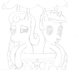 Size: 1702x1577 | Tagged: safe, artist:2shyshy, derpibooru import, bon bon, lyra heartstrings, sweetie drops, pony, female, grayscale, hot air balloon, lesbian, lidded eyes, looking at each other, lyrabon, mare, monochrome, newbie artist training grounds, open mouth, shipping, simple background, smiling, traditional art, twinkling balloon, white background