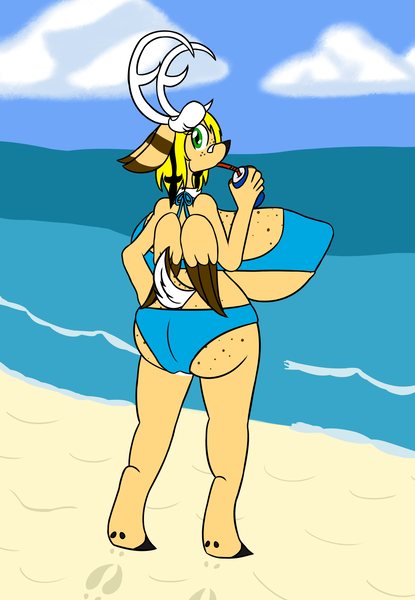 Size: 1463x2114 | Tagged: questionable, artist:metalaura, derpibooru import, oc, oc:queer, unofficial characters only, anthro, deer, pegasus, unguligrade anthro, antlers, ass, beach, big breasts, bikini, boob freckles, breasts, butt freckles, clothes, deer oc, doe, drinking, female, freckles, huge breasts, huge butt, hyper, image, impossibly large breasts, large butt, looking at you, nipples, nudity, ocean, png, shore, soda, solo, solo female, swimsuit, wings