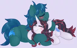 Size: 1775x1115 | Tagged: safe, artist:deep mystery, derpibooru import, oc, oc:poison trail, oc:quantum shift, unofficial characters only, earth pony, pony, unicorn, commission, cuddling, male, snuggling, stallion