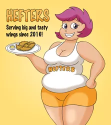 Size: 2000x2250 | Tagged: advertisement, artist:lordstormcaller, breasts, busty scootaloo, chicken wings, chubby, cleavage, clothes, commission, cute, cutealoo, dead source, derpibooru import, fat, female, food, hooters, human, humanized, older, older scootaloo, plate, sauce, scootalard, scootaloo, shorts, smiling, solo, solo female, suggestive, totally not hooters, waitress