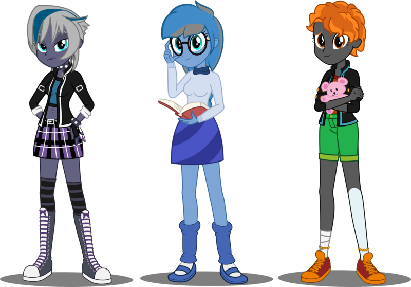 Size: 3000x2093 | Tagged: safe, artist:applec1234, deleted from derpibooru, derpibooru import, oc, oc:blitz dash, oc:dark script, oc:elizabat stormfeather, unofficial characters only, equestria girls, amputee, anklet, belly button, bellyring, book, boots, bracelet, choker, clothes, equestria girls-ified, fingerless gloves, glasses, gloves, hug, jewelry, leg warmers, mary janes, midriff, piercing, prosthetic limb, prosthetics, shoes, shorts, skirt, sneakers, socks, spiked choker, spiked wristband, striped socks, tanktop, tape, teddy bear, thigh highs, toy, zettai ryouiki