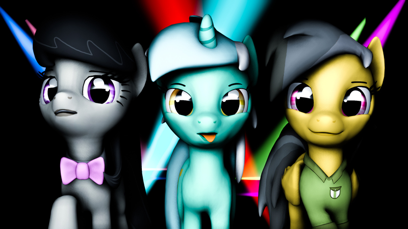 Size: 2500x1406 | Tagged: safe, artist:yellencandy, derpibooru import, daring do, lyra heartstrings, octavia melody, 3d, lights, looking at you, nightclub, raised hoof, source filmmaker, tongue out