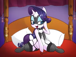 Size: 2000x1504 | Tagged: suggestive, artist:hidden-cat, derpibooru import, rarity, pony, unicorn, bed, bedroom eyes, black underwear, bowtie, clothes, female, lingerie, looking at you, mare, mask, nudity, panties, panties around leg, raritights, socks, solo, solo female, stockings, thigh highs, underwear