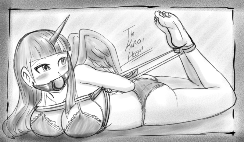 Size: 1166x681 | Tagged: arm behind back, artist:dakuroihoshi, ass, ballgag, barefoot, big breasts, bondage, bra, breast bondage, breasts, busty twilight sparkle, clothes, derpibooru import, feet, female, frilly underwear, gag, grayscale, horned humanization, human, humanized, monochrome, panties, questionable, rope, rope bondage, sketch, solo, solo female, twibutt, twilight sparkle, twilight sparkle (alicorn), underwear, winged humanization