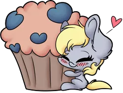 Size: 5629x4268 | Tagged: safe, artist:cutepencilcase, derpibooru import, derpy hooves, pegasus, pony, absurd resolution, cute, derpabetes, eyes closed, female, food, giant muffin, heart, mare, muffin, simple background, solo, that pony sure does love muffins, transparent background