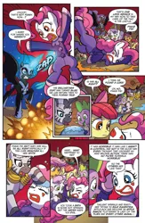 Size: 994x1528 | Tagged: safe, artist:tonyfleecs, derpibooru import, idw, apple bloom, nightmare moon, pinkie pie, scootaloo, spike, sweetie belle, zecora, dragon, pony, zebra, ponies of dark water, spoiler:comic, spoiler:comic45, clothes, clown, comic, cutie mark crusaders, ear piercing, earring, ethereal mane, face paint, female, helmet, hoof shoes, jewelry, leg rings, male, mare, neck rings, nightmare moon glamour, official comic, peytral, piercing, preview, speech bubble, starry mane