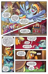 Size: 994x1528 | Tagged: safe, artist:tonyfleecs, derpibooru import, idw, apple bloom, applejack, pinkie pie, rainbow dash, scootaloo, spike, sweetie belle, zecora, earth pony, pegasus, pony, unicorn, zebra, ponies of dark water, spoiler:comic, spoiler:comic45, clothes, clown, comic, cropped, cutie mark crusaders, donaldjack, ear piercing, earring, face paint, facial hair, female, filly, foal, goggles, jewelry, leg rings, male, mare, moustache, neck rings, official comic, piercing, preview, sonic rainboom, speech bubble, stallion, telegraph