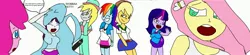 Size: 3348x730 | Tagged: suggestive, artist:my little brony friend, derpibooru import, applejack, derpy hooves, fluttershy, pinkie pie, rainbow dash, rarity, twilight sparkle, wobbuffet, equestria girls, 1000 hours in ms paint, belly button, clothes, implied vore, mane six, midriff, miniskirt, ms paint, pokémon, running, skirt, tanktop