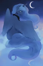 Size: 2508x3843 | Tagged: dead source, safe, artist:serafelis, derpibooru import, princess luna, alicorn, pony, blushing, cloud, crescent moon, female, lidded eyes, looking down, mare, moon, night, sitting, solo, spread wings, stars