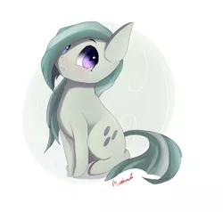 Size: 1000x950 | Tagged: safe, artist:miokomata, derpibooru import, marble pie, earth pony, pony, blushing, cute, female, frown, hair over one eye, looking at you, mare, signature, simple background, sitting, solo, white background