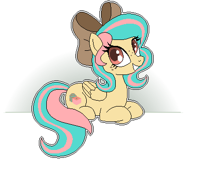 Size: 400x369 | Tagged: safe, artist:matteglaze, derpibooru import, oc, oc:vanilla ganache, unofficial characters only, pegasus, pony, freckles, grin, hair bow, looking back, lying down, pixel art, smiling, solo