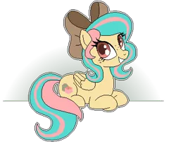 Size: 400x369 | Tagged: safe, artist:matteglaze, derpibooru import, oc, oc:vanilla ganache, unofficial characters only, pegasus, pony, freckles, grin, hair bow, looking back, lying down, pixel art, smiling, solo