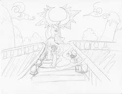 Size: 1024x787 | Tagged: artist:ciaran, banister, cloud, derpibooru import, monochrome, mountain, princess luna, safe, sketch, stairs, traditional art