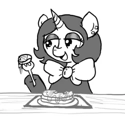Size: 640x600 | Tagged: safe, artist:ficficponyfic, derpibooru import, oc, oc:joyride, unofficial characters only, pony, unicorn, colt quest, bowtie, breakfast, ear piercing, earring, eyeshadow, female, food, fork, horn, jewelry, makeup, mantle, mare, monochrome, pancakes, piercing, plate, smiling, solo focus, story included, syrup, table, tray