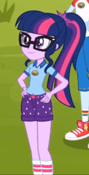 Size: 346x678 | Tagged: safe, derpibooru import, screencap, rainbow dash, sci-twi, twilight sparkle, equestria girls, legend of everfree, animated, clothes, converse, cropped, cute, gif, glasses, hips, legs, ponytail, shoes, shorts, twiabetes