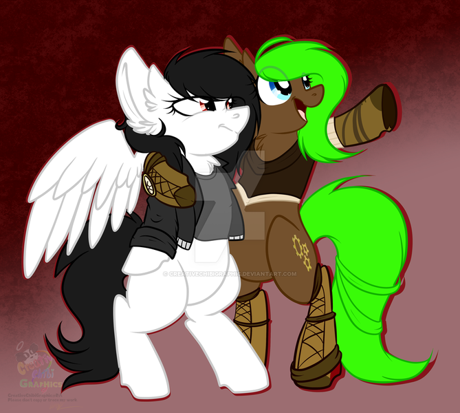 Size: 1024x919 | Tagged: safe, artist:creativechibigraphic, derpibooru import, oc, oc:revi stiletto, oc:sprocket, unofficial characters only, earth pony, pegasus, pony, clothes, friends, gauntlet, leather jacket, steampunk, watermark