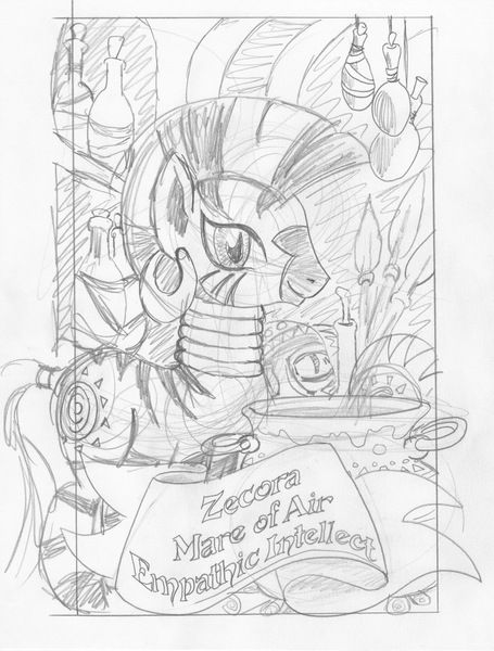 Size: 1253x1654 | Tagged: artist:ciaran, bottle, caption, cauldron, derpibooru import, mask, monochrome, safe, sketch, smiling, solo, spear, tarot card, tarot:once upon a time, traditional art, weapon, zebra, zecora, zecora's hut