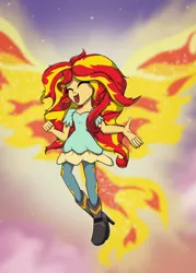 Size: 2290x3206 | Tagged: safe, artist:bratzoid, derpibooru import, sunset shimmer, equestria girls, my past is not today, rainbow rocks, cute, fiery shimmer, fiery wings, flying, happy, microphone, singing, smiling, solo, sunset phoenix