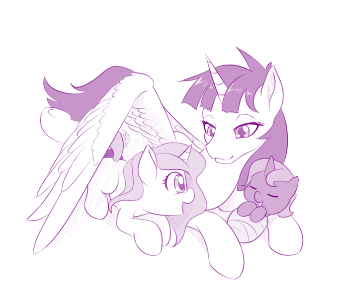 Size: 1000x880 | Tagged: safe, artist:dstears, derpibooru import, princess celestia, princess luna, oc, oc:fausticorn, alicorn, pony, alicorn oc, baby, baby luna, baby pony, cewestia, cute, female, filly, filly celestia, filly luna, foal, monochrome, mother and daughter, pink-mane celestia, simple background, sweet dreams fuel, trio, white background, woona, younger