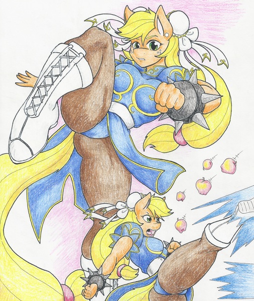 Size: 4962x5871 | Tagged: absurd resolution, anthro, applebucking thighs, applebutt, applejack, artist:flicker-show, chun li, clothes, cosplay, costume, crossover, derpibooru import, kicking, muscles, solo, street fighter, suggestive, traditional art