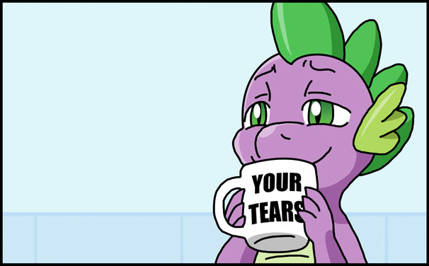 Size: 606x376 | Tagged: artist:adenyne, bust, derpibooru import, drinking tears, lidded eyes, mug, portrait, reaction image, safe, smiling, solo, spike, your tears are delicious