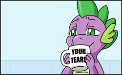 Size: 606x376 | Tagged: artist:adenyne, bust, derpibooru import, drinking tears, lidded eyes, mug, portrait, reaction image, safe, smiling, solo, spike, your tears are delicious