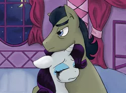 Size: 997x742 | Tagged: adultery, artist:aceeternal, carousel boutique, comforting, crack shipping, crying, derpibooru import, filthy rich, hurt/comfort, infidelity, makeup, male, night, raririch, rarity, rarity's bedroom, shipping, straight, suggestive