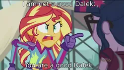 Size: 1920x1080 | Tagged: safe, derpibooru import, edit, edited screencap, screencap, sci-twi, sunset shimmer, twilight sparkle, equestria girls, friendship games, caption, doctor who, image macro, meme, sunset yells at twilight