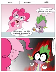 Size: 2550x3300 | Tagged: safe, artist:loreto-arts, derpibooru import, pinkie pie, spike, dragon, earth pony, pony, ..., :i, :p, comic, drink, face of evil, female, fire, floppy ears, glowing eyes, hidden eyes, mare, nervous, on fire, one eye closed, open mouth, pun, rage, red eyes take warning, shivering, shrunken pupils, smiling, squishy cheeks, sweat, sweatdrop, tongue out, tranquil fury, triggered, wide eyes, wink