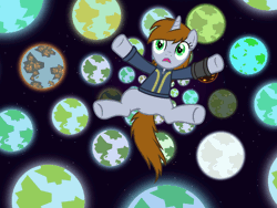 Size: 800x603 | Tagged: safe, artist:magister39, derpibooru import, oc, oc:littlepip, unofficial characters only, pony, unicorn, fallout equestria, fanfic, alternate universe, animated, clothes, falling, fanfic art, female, gif, hooves, horn, mare, multiverse, open mouth, pipbuck, planet, solo, space, stars, vault suit
