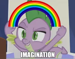 Size: 475x375 | Tagged: derpibooru import, dungeons and discords, edit, edited screencap, image macro, imagination, meme, rainbow, safe, screencap, spike, spongebob squarepants