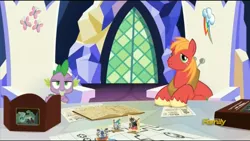 Size: 1280x720 | Tagged: safe, derpibooru import, screencap, big macintosh, spike, earth pony, pony, dungeons and discords, discovery family logo, dm screen, dungeons and dragons, male, ogres and oubliettes, stallion, tabletop game, unamused