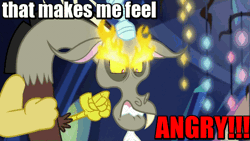 Size: 500x281 | Tagged: angry, animated, caption, derpibooru import, discord, dungeons and discords, edit, edited screencap, fire, futurama, gif, great flaming eyebrows, image macro, meme, reaction image, red text, safe, screencap, solo, that makes me feel angry, the devil's hands are idle playthings, twilight's castle