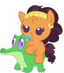 Size: 886x1017 | Tagged: safe, artist:red4567, derpibooru import, gummy, saffron masala, pony, spice up your life, baby, baby pony, cute, pacifier, ponies riding gators, riding, saffronbetes, weapons-grade cute