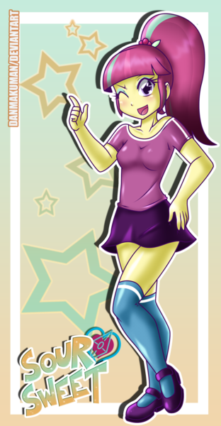 Size: 1554x2984 | Tagged: safe, artist:danmakuman, derpibooru import, sour sweet, equestria girls, clothes, commission, crystal prep shadowbolts, cute, female, freckles, mary janes, miniskirt, one eye closed, open mouth, ponytail, shoes, skirt, smiling, socks, solo, sourbetes, thigh highs, wink, zettai ryouiki