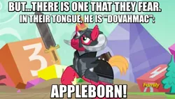 Size: 930x530 | Tagged: safe, derpibooru import, edit, edited screencap, screencap, big macintosh, pony, unicorn, dungeons and discords, caption, dovahkiin, dungeons and dragons, helmet, horned helmet, image macro, levitation, magic, male, meme, ogres and oubliettes, race swap, sir mcbiggen, skyrim, solo, stallion, sword, telekinesis, the elder scrolls, unicorn big mac, weapon