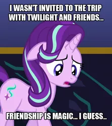 Size: 560x633 | Tagged: safe, derpibooru import, edit, edited screencap, screencap, starlight glimmer, unicorn, dungeons and discords, abuse, cropped, female, filly, floppy ears, forever alone, glimmerbuse, image macro, meme, no-showlight glimmer, sad, solo, woobie, younger