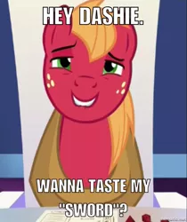 Size: 631x750 | Tagged: suggestive, derpibooru import, edit, edited screencap, screencap, big macintosh, earth pony, pony, dungeons and discords, bedroom eyes, caption, image macro, implied blowjob, implied oral, implied rainbow dash, implied rainbowmac, implied sex, implied shipping, implied straight, innuendo, male, meme, solo, stallion, sword, weapon