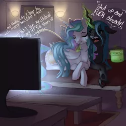 Size: 2000x2000 | Tagged: safe, artist:evehly, derpibooru import, princess celestia, queen chrysalis, alicorn, changeling, pony, :t, annoyed, bucket, chryslestia, commission, couch, crossed hooves, cuddling, cute, dialogue, eating, eyes closed, fangs, feeding, female, frown, glare, ice cream, lesbian, levitation, living room, magic, mare, open mouth, pistachio (ice cream), prone, shipping, smiling, snuggling, soap opera, spoon, subtle as a train wreck, tail hug, telekinesis, television, vulgar, watching