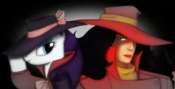 Size: 2250x1150 | Tagged: artist:gennbu, broderbund, carmen sandiego, crossover, derpibooru import, human, rarity, safe