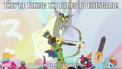 Size: 1000x564 | Tagged: safe, derpibooru import, edit, edited screencap, screencap, big macintosh, discord, pinkie pie, rainbow dash, earth pony, pony, unicorn, dungeons and discords, bard pie, captain wuzz, caption, dialogue, dungeons and dragons, image macro, legolas, lord of the rings, male, meme, ogres and oubliettes, parsnip, race swap, rainbow rogue, sir mcbiggen, stallion, they're taking the hobbits to isengard, unicorn big mac