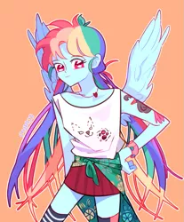 Size: 663x801 | Tagged: artist:dusty-munji, bracelet, clothes, derpibooru import, human, humanized, jewelry, pigtails, pleated skirt, pony coloring, rainbow dash, safe, simple background, skirt, socks, solo, tanktop, tattoo, twintails, winged humanization, wings, zettai ryouiki