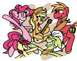 Size: 2447x1944 | Tagged: safe, artist:toothpastethy, derpibooru import, apple bloom, applejack, big macintosh, granny smith, pinkie pie, earth pony, pony, pinkie apple pie, apple family, apples to the core, banjo, eyes closed, male, musical instrument, open mouth, stallion