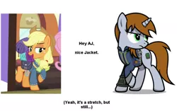 Size: 780x490 | Tagged: safe, derpibooru import, applejack, oc, oc:littlepip, earth pony, pony, unicorn, fallout equestria, fanfic, dungeons and discords, clothes, comparison, fanfic art, female, horn, mare, pipbuck, vault suit